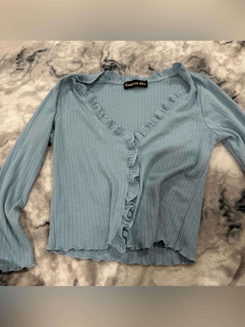 Endless Blu Light Blue Ruffle-Trim Ribbed Long Sleeve Top - Picture 3 of 3